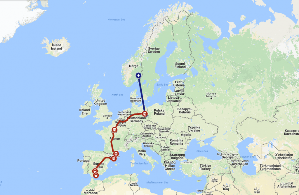 Kartet viser reiseruten vi valgte da vi reiste med fly og tog fra Oslo til Malaga, via Berlin, Paris, Girona og Cordoba.