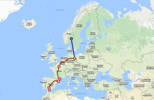 Kartet viser reiseruten vi valgte da vi reiste med fly og tog fra Oslo til Malaga, via Berlin, Paris, Girona og Cordoba.