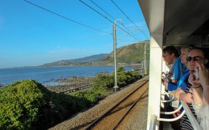 Bildet er tatt fra den åpne fotovognen ombord på Northern Explorer, toget som går mellom Auckland og Wellington på nordøya av New Zealand.