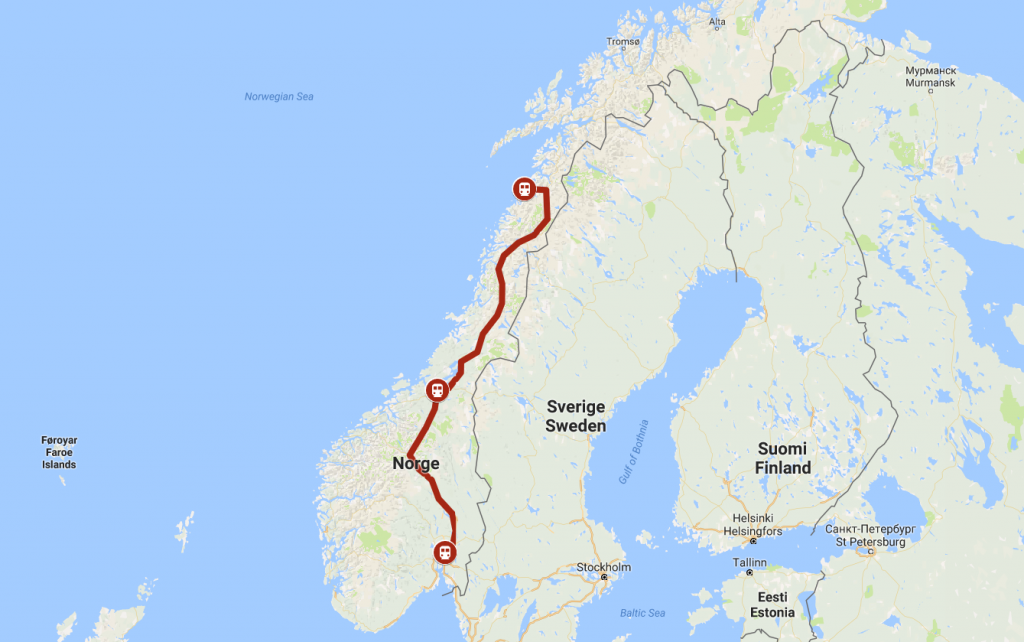 Dette kartet viser togreisen mellom Oslo og Bodø. Den går med Dovrebanen mellom Oslo og Trondheim og med Nordlandsbanene mellom Trondheim og Bodø.