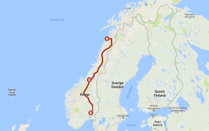 Dette kartet viser togreisen mellom Oslo og Bodø. Den går med Dovrebanen mellom Oslo og Trondheim og med Nordlandsbanene mellom Trondheim og Bodø.