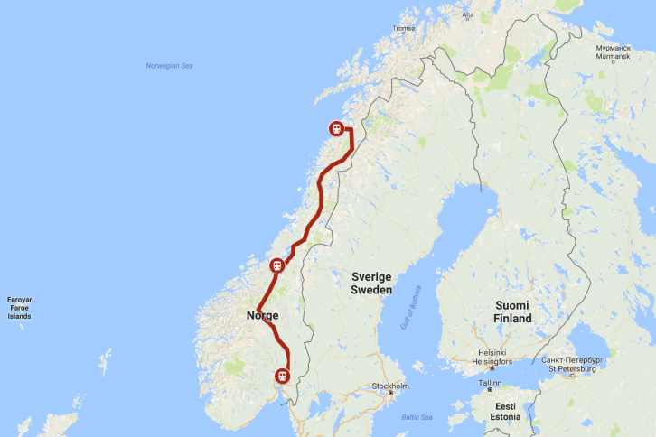 Dette kartet viser togreisen mellom Oslo og Bodø. Den går med Dovrebanen mellom Oslo og Trondheim og med Nordlandsbanene mellom Trondheim og Bodø.