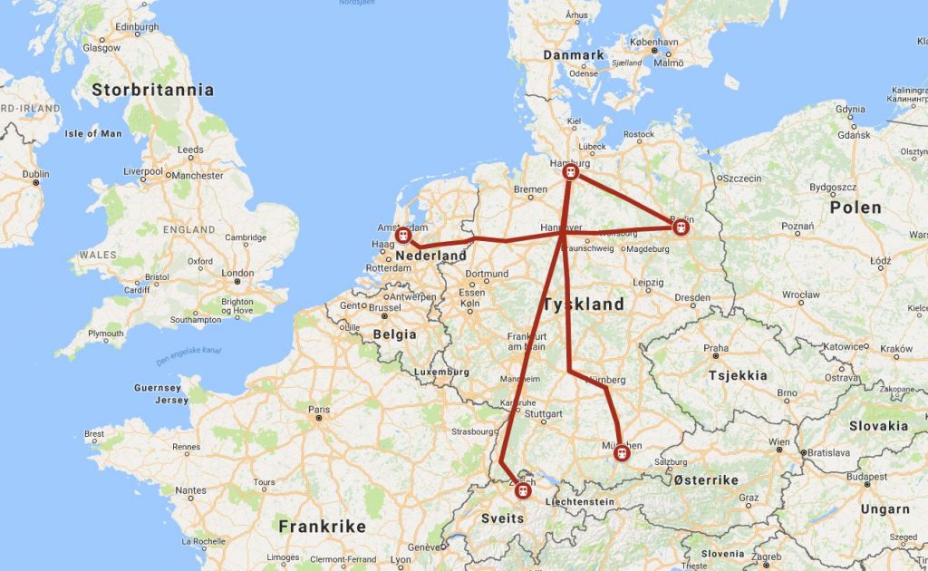 Kartet viser direkteruter der vi ikke må ha plassreservasjoner, men der det kan være lurt å ha det likevel. Plassreservasjoner til disse rutene kjøper vi enkelt og billig fra bahn.de.