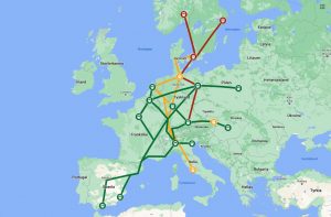 Internasjonale togreiser. Kartet viser planlagte TEE 2.0-ruter i Europa.