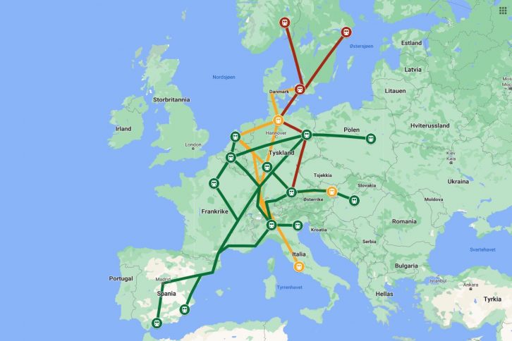 Internasjonale togreiser. Kartet viser planlagte TEE 2.0-ruter i Europa.