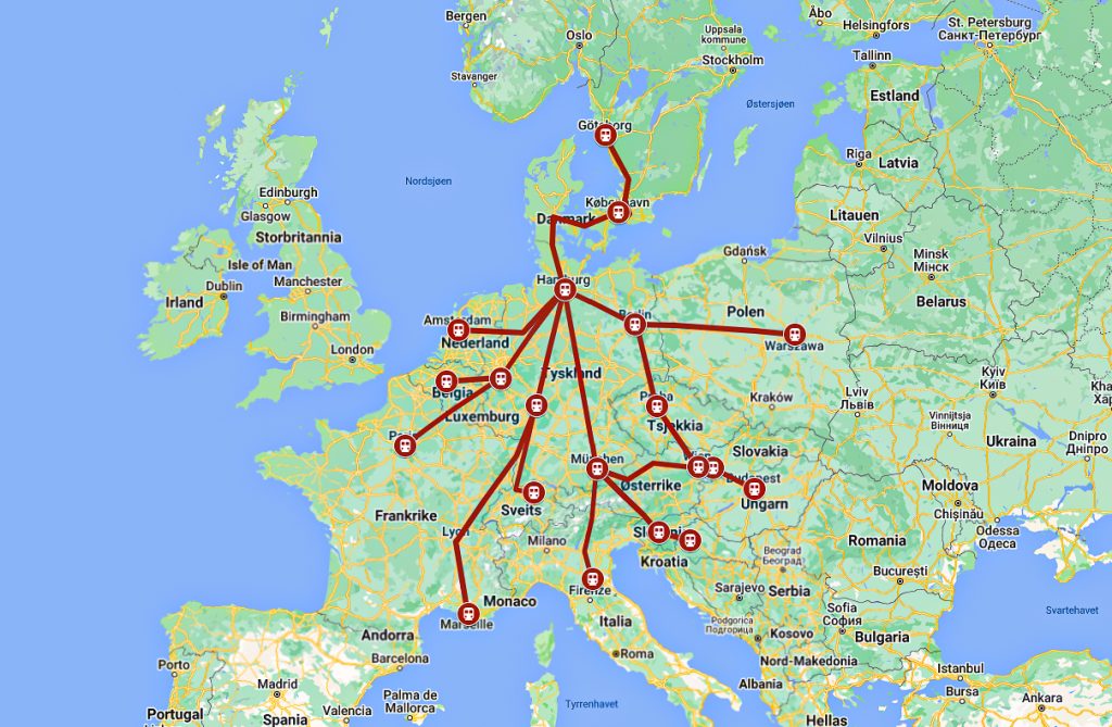 Reiseruter i bloggpost om togbilletter i Europa. Laget med Google maps.