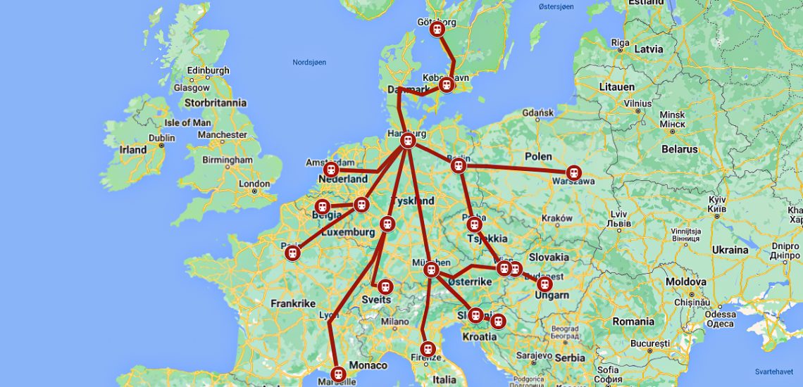 Reiseruter i bloggpost om togbilletter i Europa. Laget med Google maps.