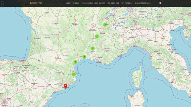 Guideboken "Europe by rail" har mange gode forslag til reiseruter med tog i Europa. Her en av dem - denne går med bare regionale tog helt fra Barcelona til Geneve.